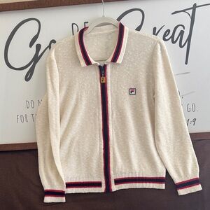Vintage Fila Cream Zip-Up Sweater with Red and Blue Trim